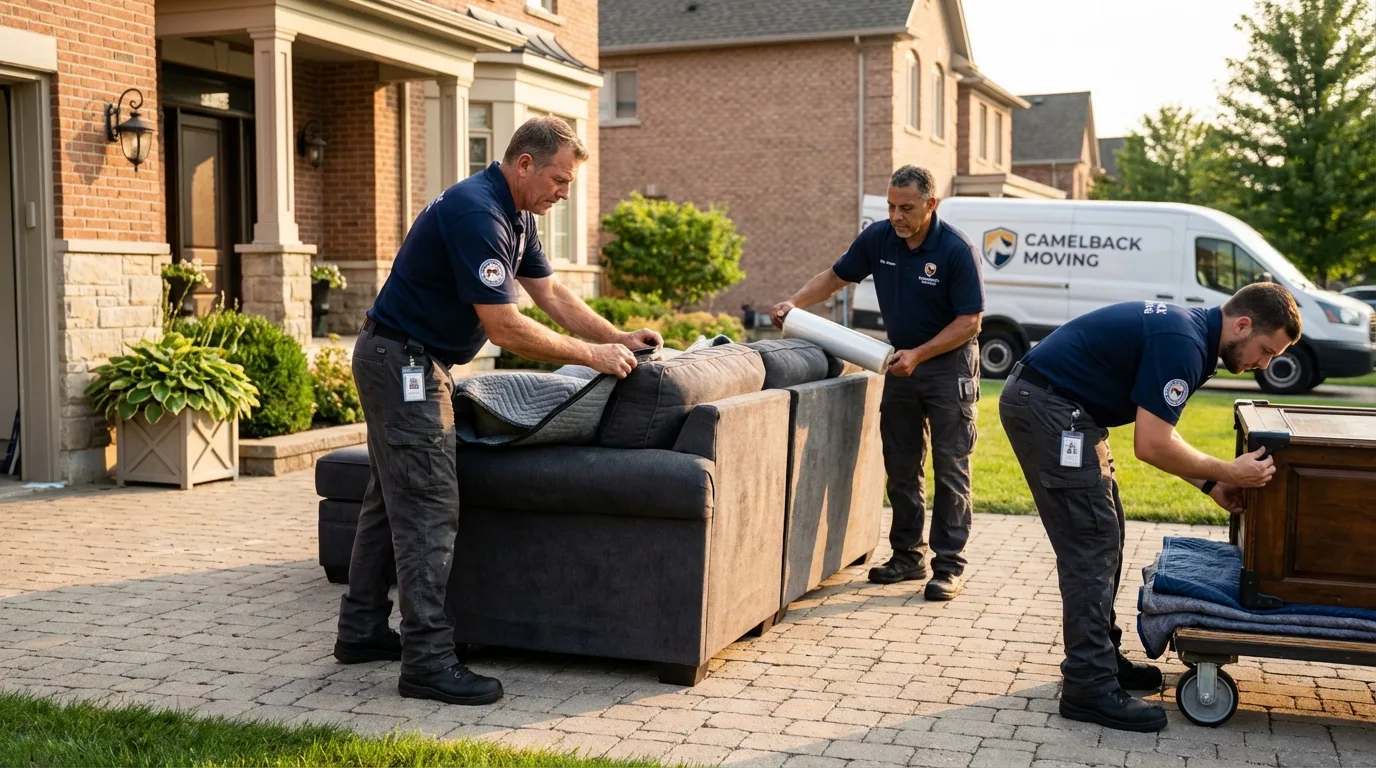 Large estate moving crew wrapping furniture in Little Neck, NY