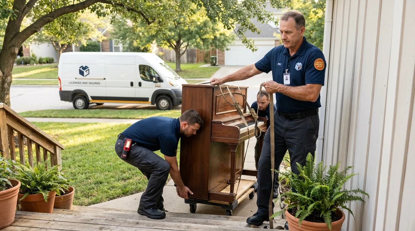 Licensed piano movers securing grand piano in Little Neck, NY
