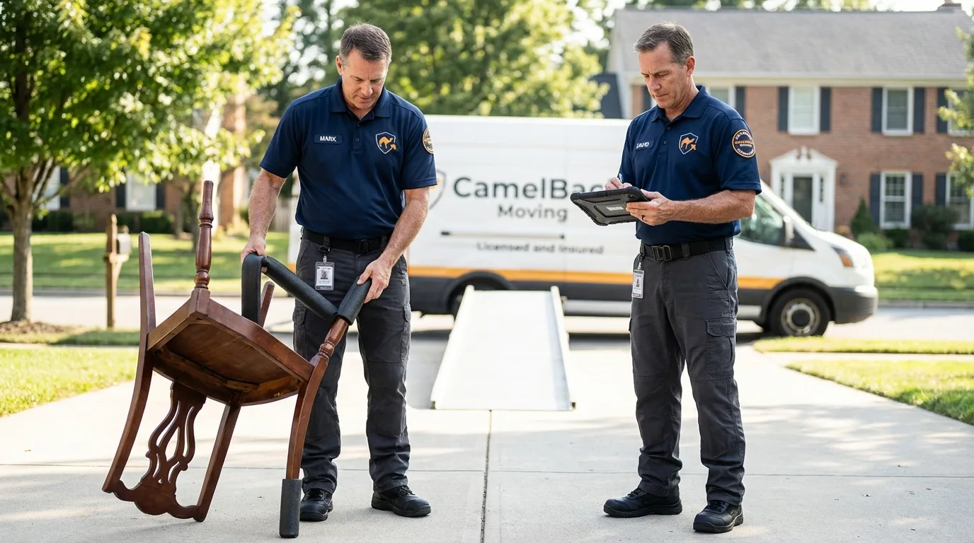 Movers inspecting furniture for damage prevention before loading in Little Neck, NY