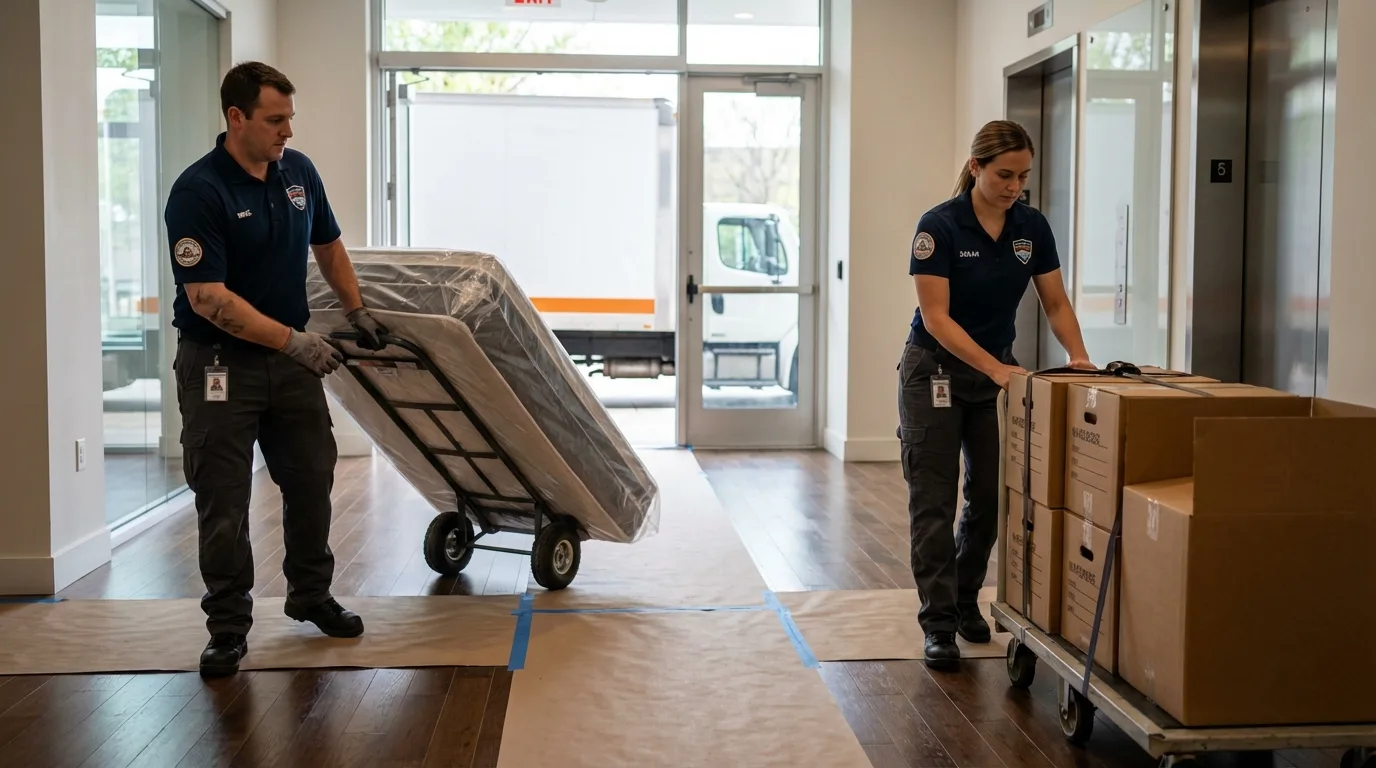 Professional apartment movers loading elevator in Little Neck, NY