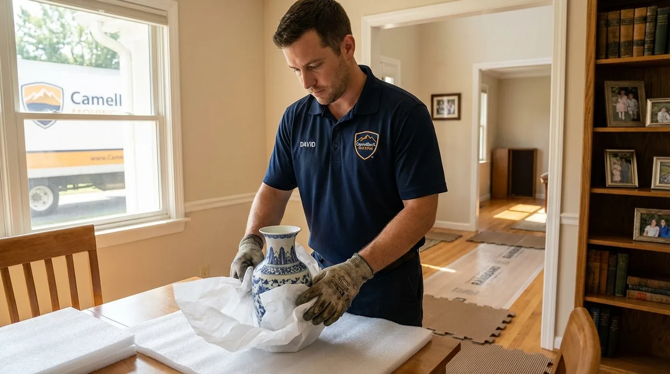 Professional crew carefully wrapping antique vase for senior downsizing move in Little Neck, NY